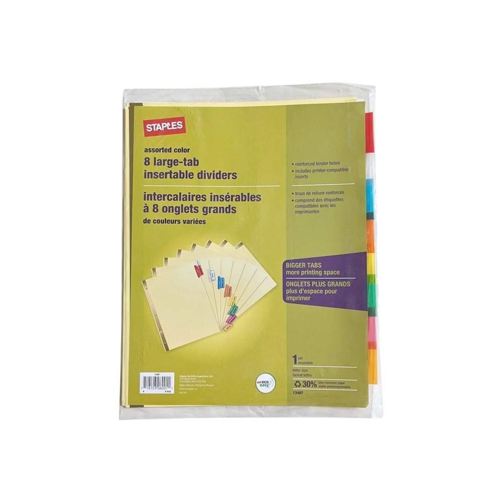 Staples Assorted Color 8 Large-Tab Insertable Dividers